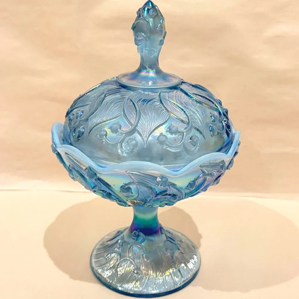 Fenton Lily of the Valley Blue Opalescent Moon Glass Lidded Candy Dish Vintage